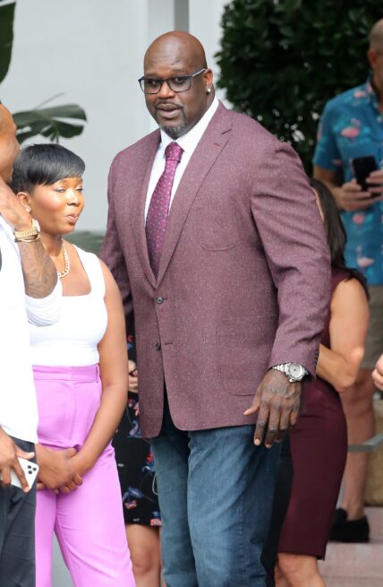 Shaquille O apos Neal who is still mourning the death of his close friend Kobe Bryant looks to be in good spirits as he greets Mark Cuban in Miami