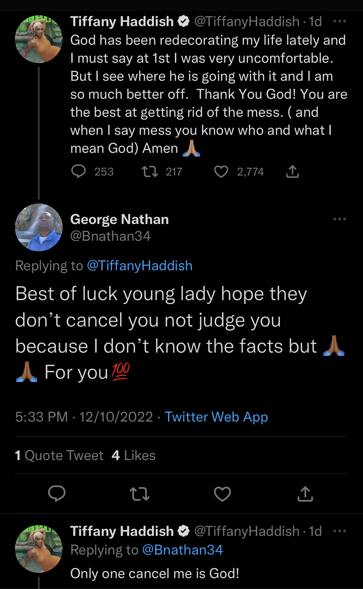 A screenshot of Tiffany Haddish's tweet and some replies