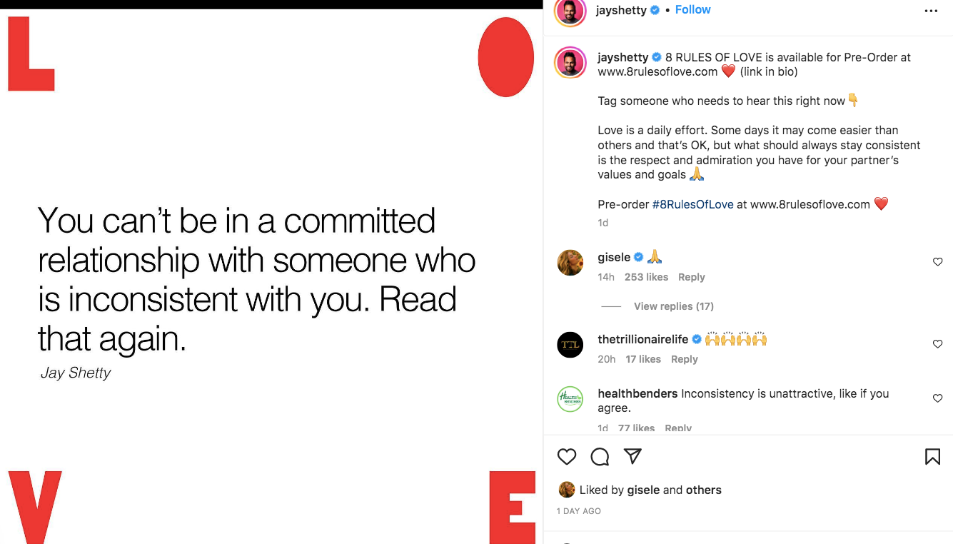 Gisele Bundchen's reaction to Jay Shetty's post