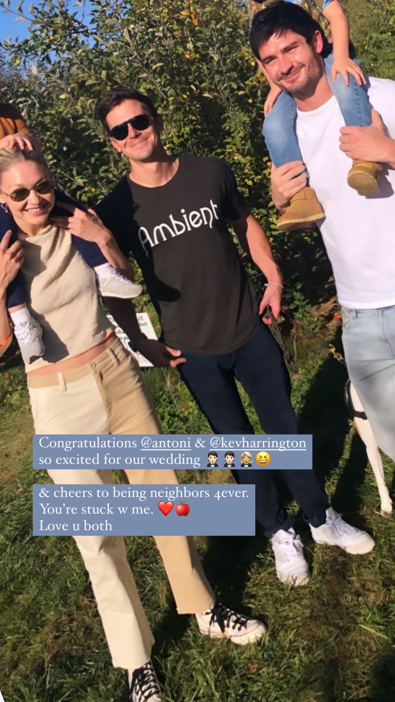 Gigi Hadid congratulates Antoni Porowski and Kevin Harrington on their engagement.