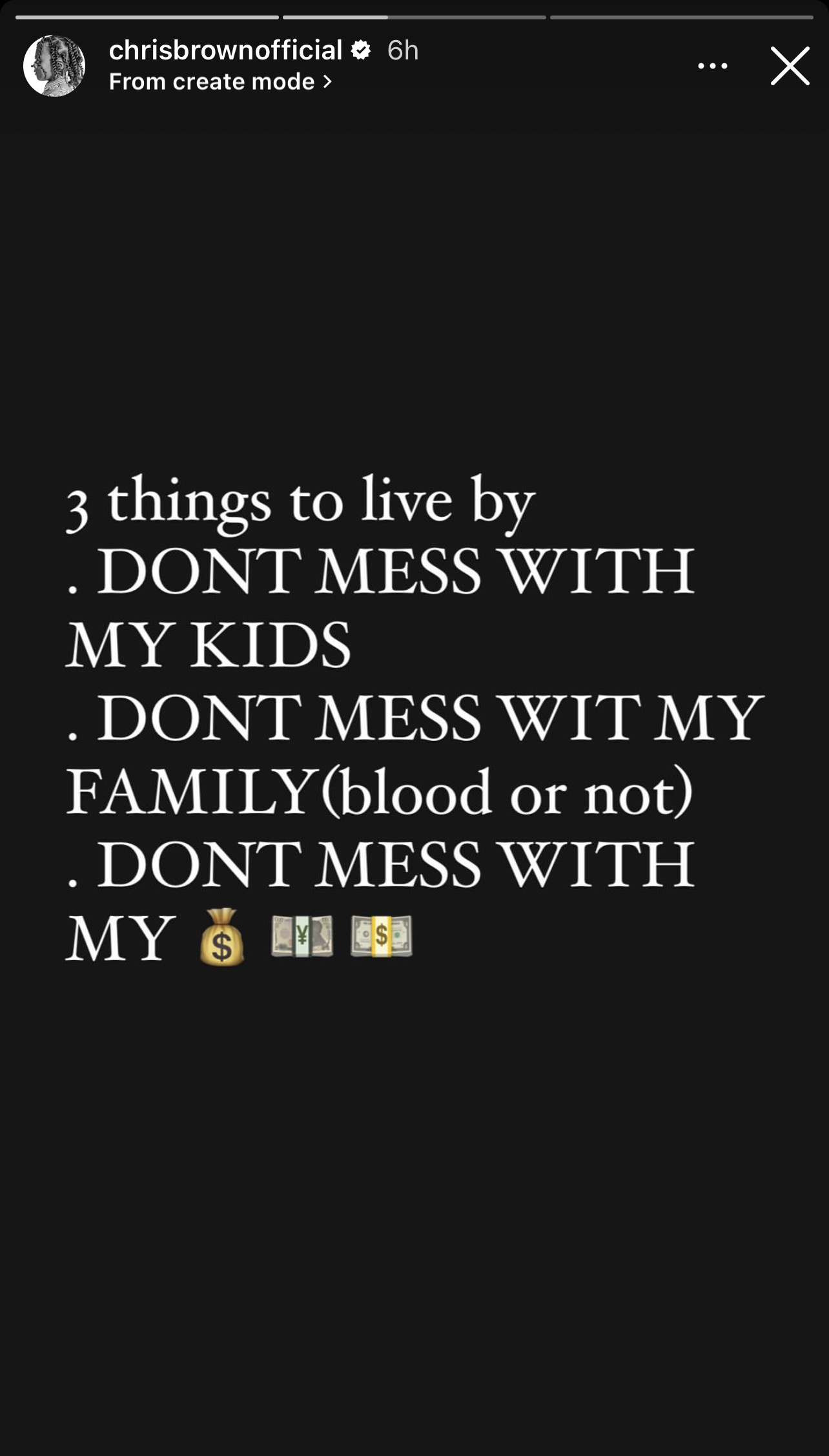 Chris Brown's post on his Instagram story