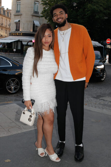 Jordyn Woods and Karl Anthony Towns are seen arriving at Dior dinner during Paris Fashion Week