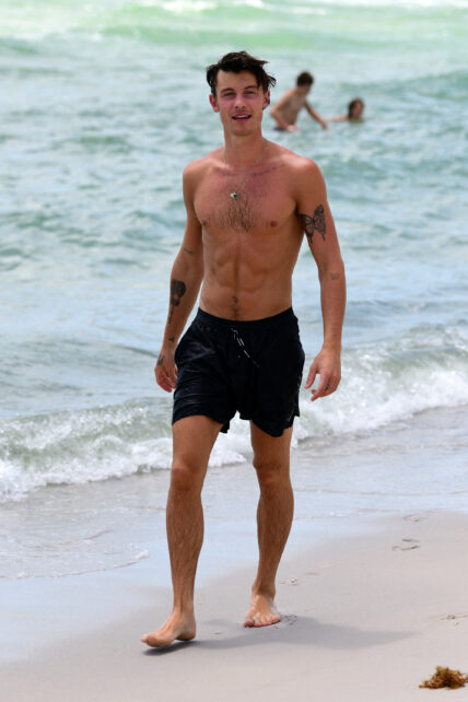 Shirtless Shawn Mendes looks happy as he has fun on the beach on his birthday in Miami