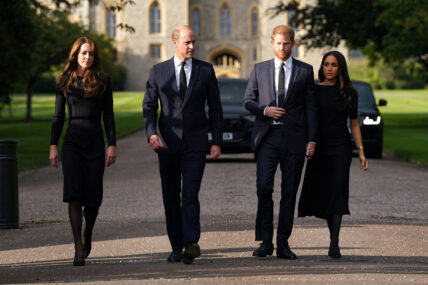 The Princess of Wales the Prince of Wales and the Duke and Duchess of Sussex meeting members of the public at Windsor Castle in Berkshire following the death of Queen Elizabeth II on Thursday