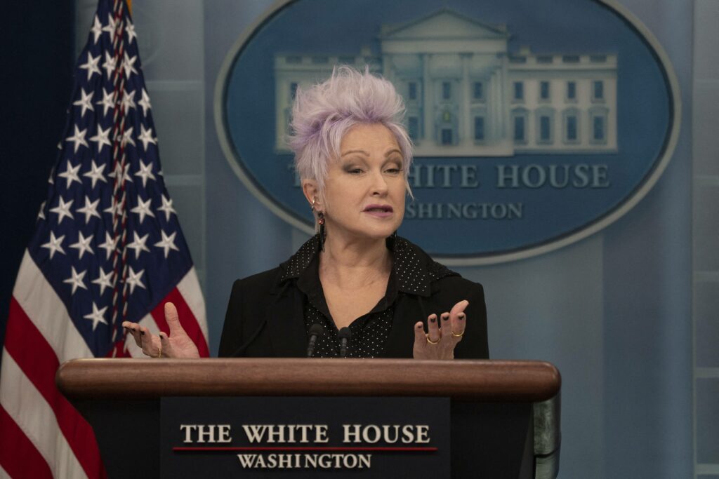 Musician Cyndi Lauper makes a statement in the briefing room