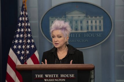 Musician Cyndi Lauper makes a statement in the briefing room