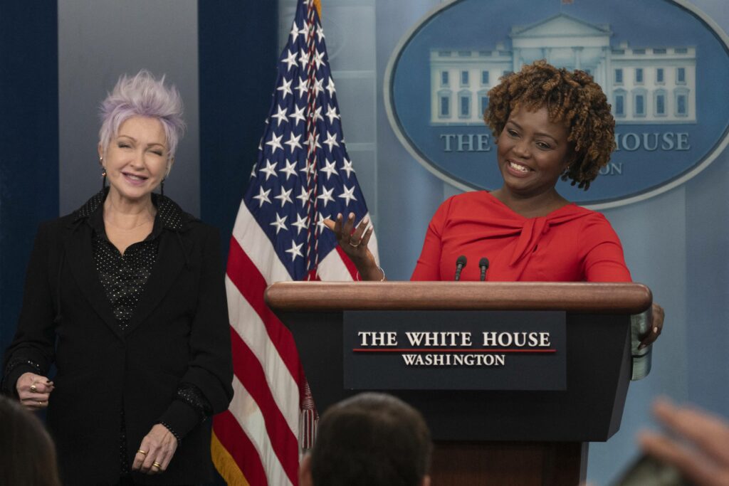 Musician Cyndi Lauper makes a statement in the briefing room