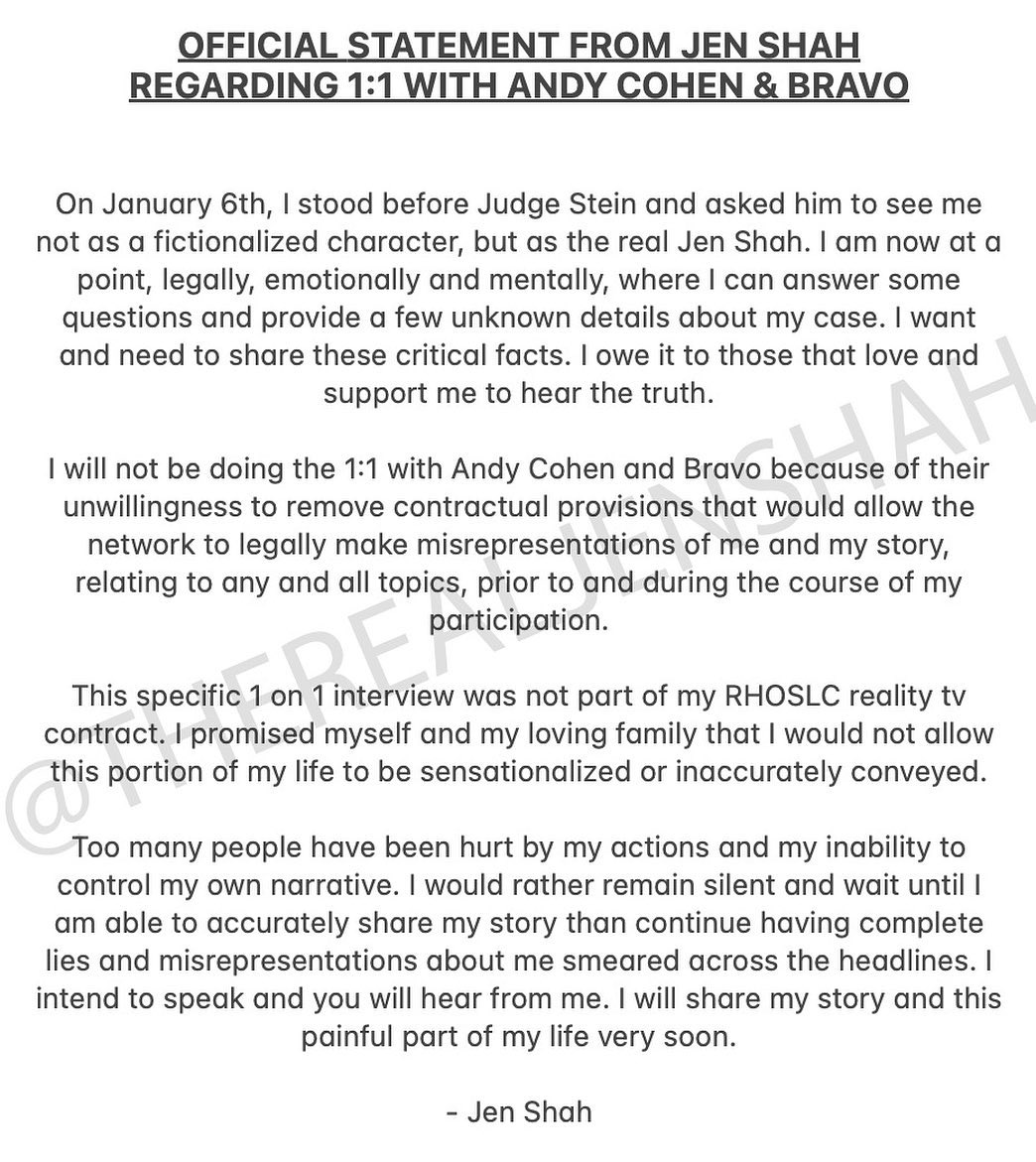 Jen Shah releases statement on And Cohen interview