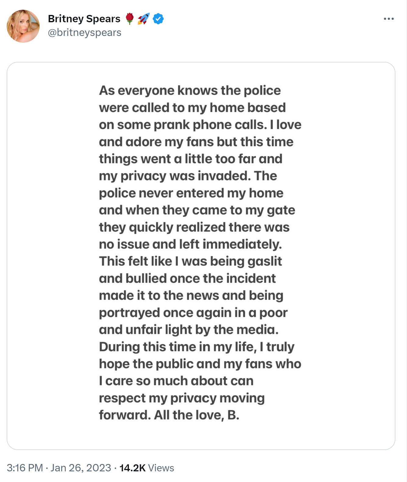 Britney Spears calls out "fans" for calling the cops on her