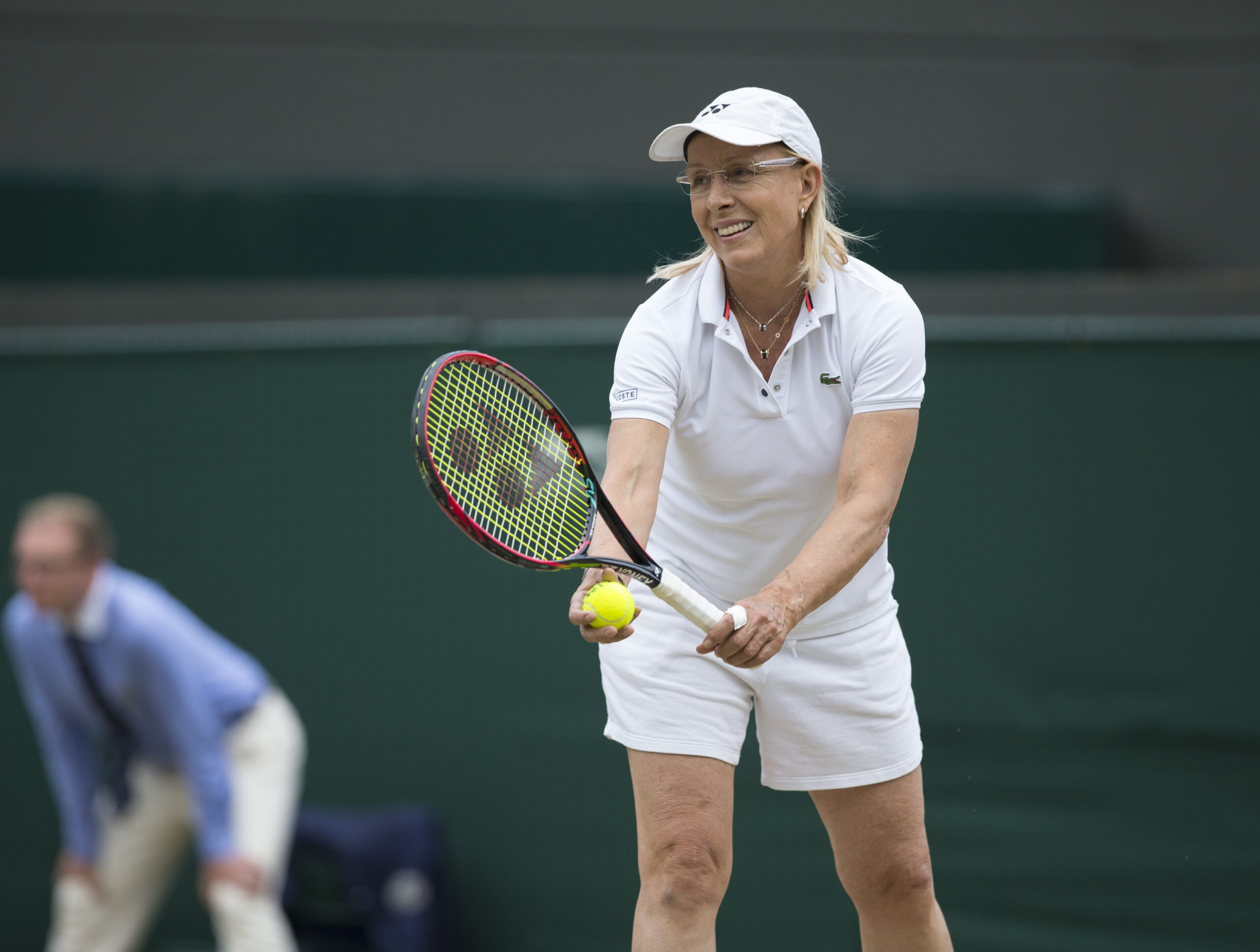Martina Navratilova (USA) serving during her match with Cara Black (ZIM) against Andrea Jaeger (USA) and Conchita Martinez (ESP)