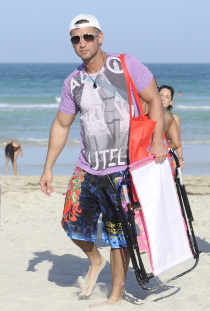 Jersey Shore cast members Mike quot The Situation quot Sorrentino Vinny Guadagnino Paul quot Pauly D quot Delvecchio and Angelina quot Jolie quot Pivarnik show off their beach bodies in Miami