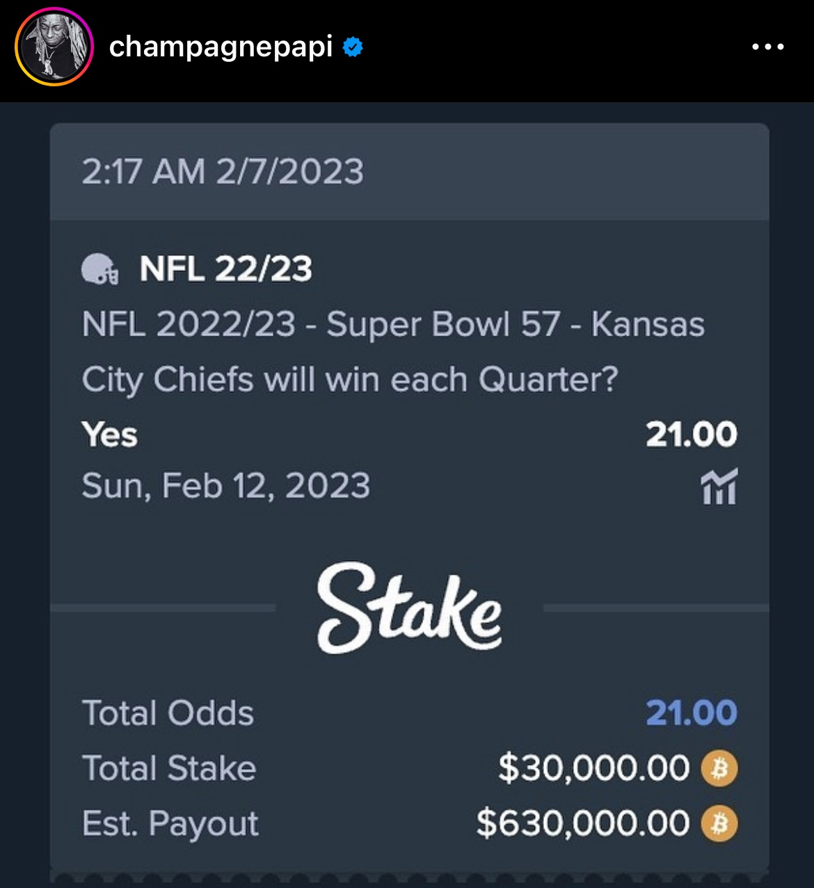 Drake Super Bowl bet
