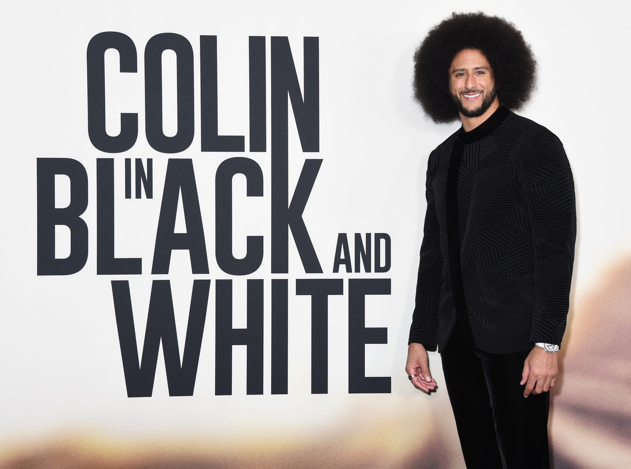 Colin Kaepernick at the Premiere of Colin in black and white