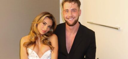 Georgia Hassarati in daring white dress with Harry Jowsey