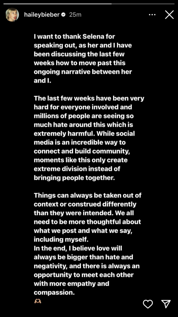 Hailey Bieber's statement on Selena speculation
