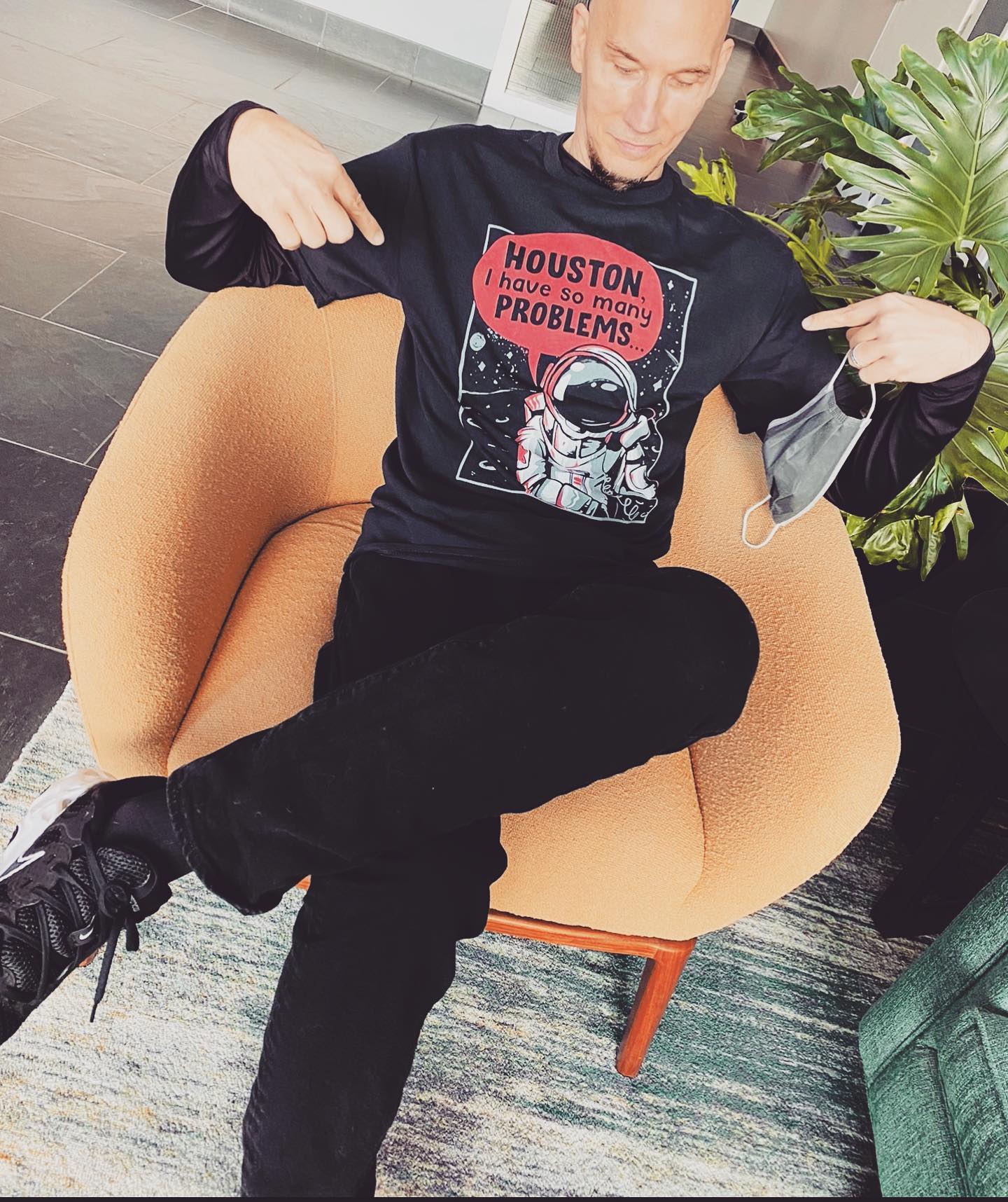 Jeffrey Vandergrift with a shirt that says he has so many problems