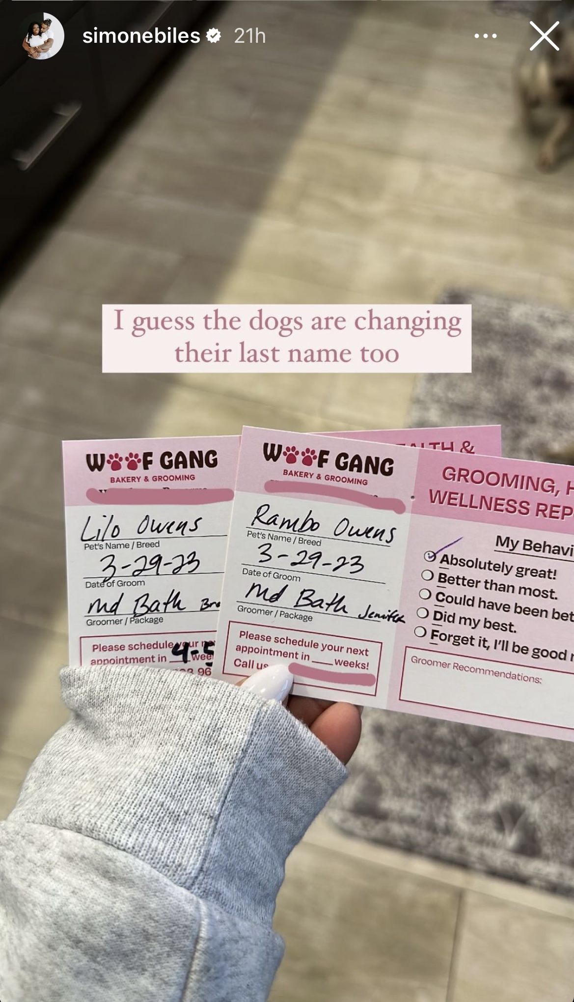 Simone Biles reveals dogs' name change