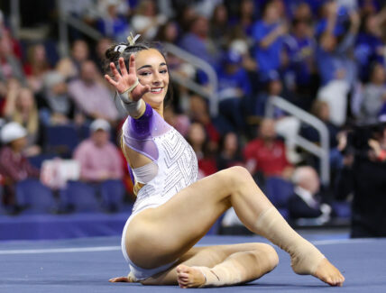 March 18, 2023: LSU's Elena Arenas competes on the floor exercise during the 2023 SEC Gymnastics Championships at the Gas South Arena in Duluth, GA Kyle Okita/CSM(Credit Image: © Kyle Okita/Cal Sport Media) Newscom/(Mega Agency TagID: csmphotothree068130.jpg) [Photo via Mega Agency]