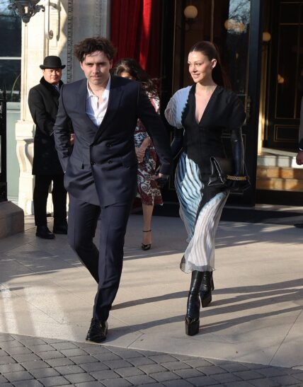 Beckham Familly are seen during leaving their hoteil during Paris Fashion Week