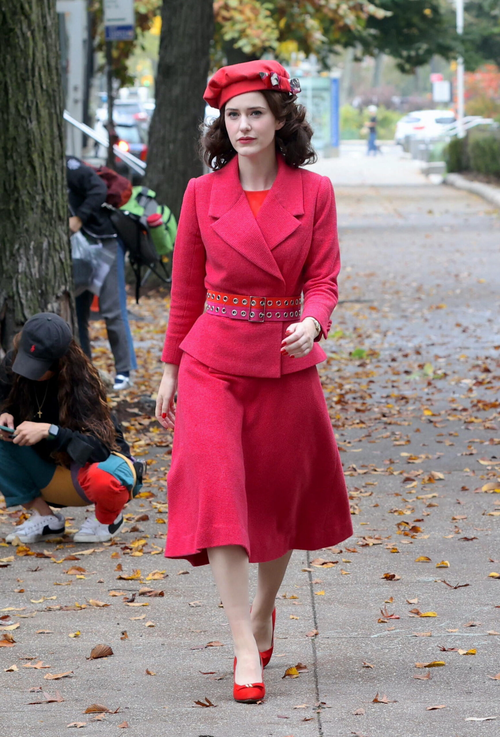 Rachel Brosnahan on set