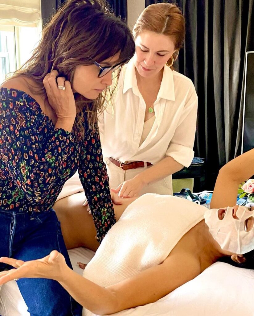 Salma Hayek getting ready for the Met Gala, with Penélope Cruz