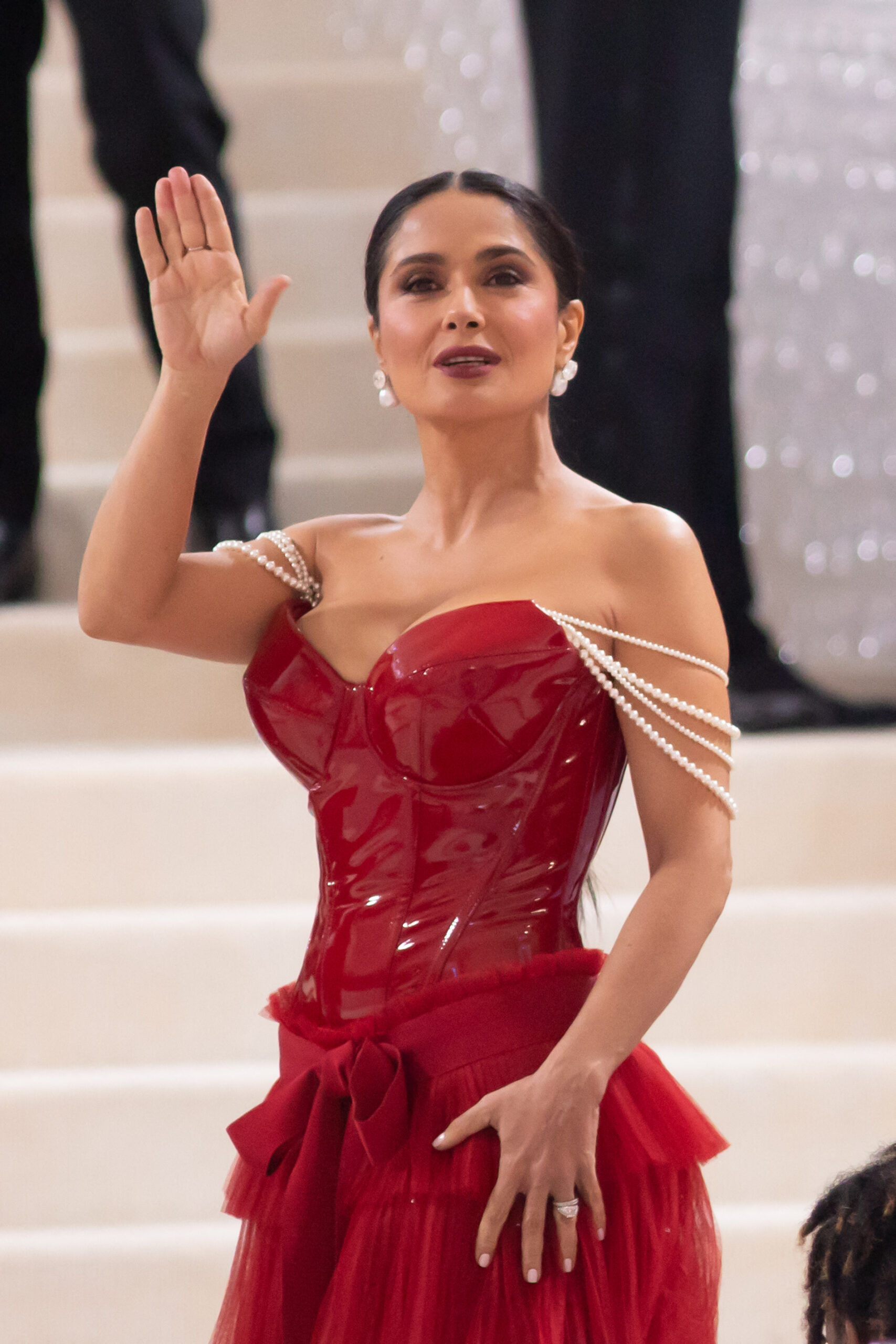 Salma Hayek in her strapless red met gala dress