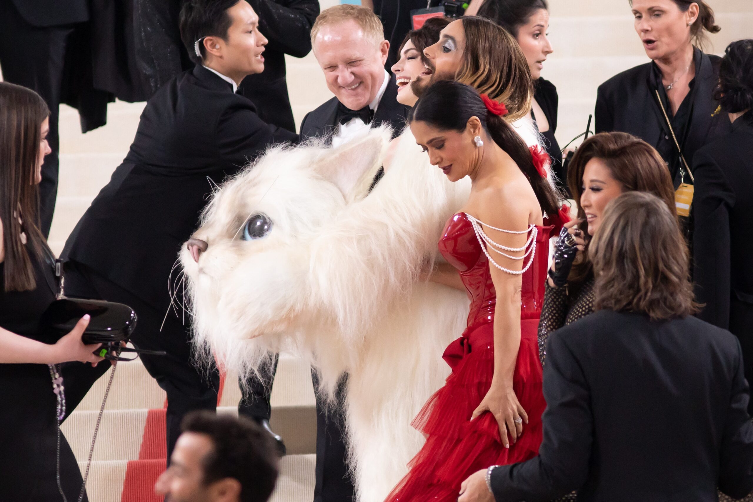 Salma Hayek in her strapless red met gala dress