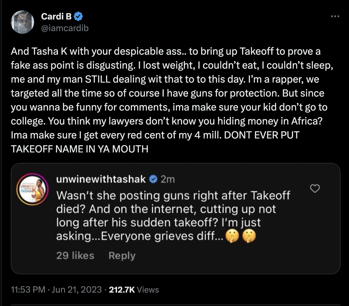 Cardi B claps back at Vlogger Tasha-K