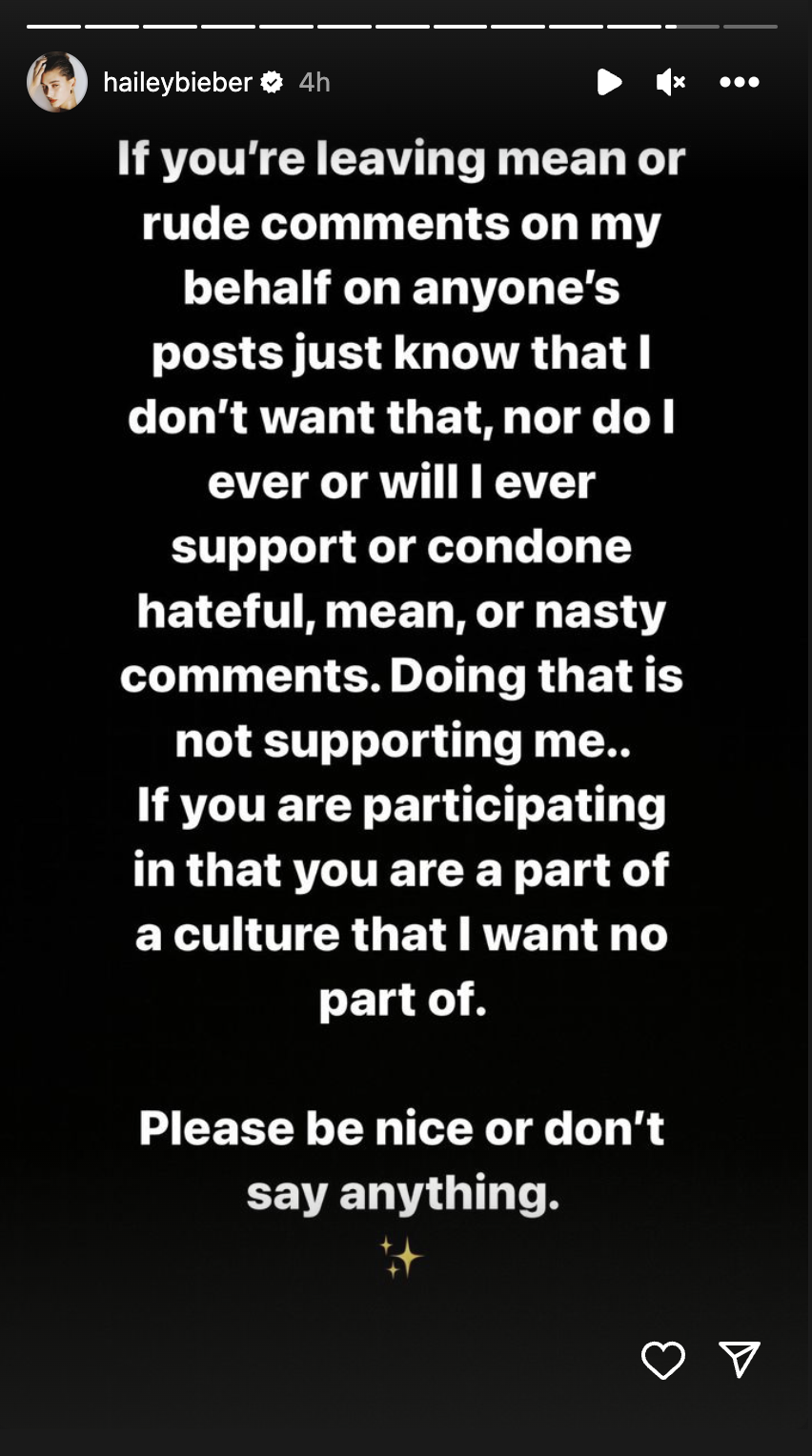 Hailey Bieber issues warning to fans about bullying