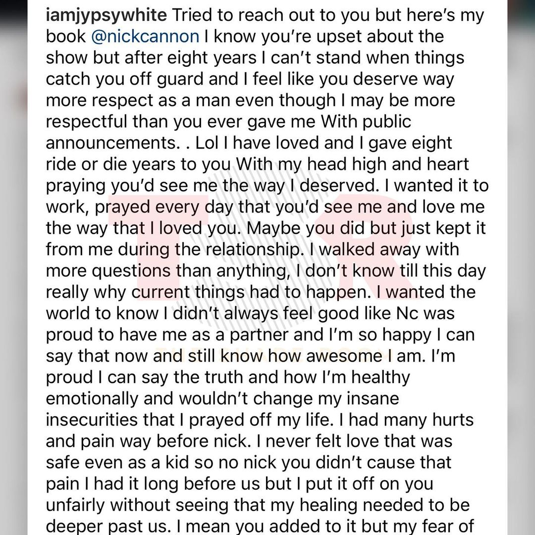 Jessica White calls out ex Nick Cannon in lengthy post
