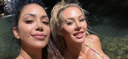 Kindly Myers and Lizzy Acosta visit a waterfall in Hawaii