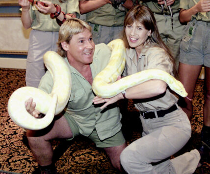 Steve Irwin and his wife Terri demonstrate a 16 foot Anaconda snake that will be used in their forthcoming movie "The Crocodile Hunter Collision Course" announced at ShoWest in Las Vegas