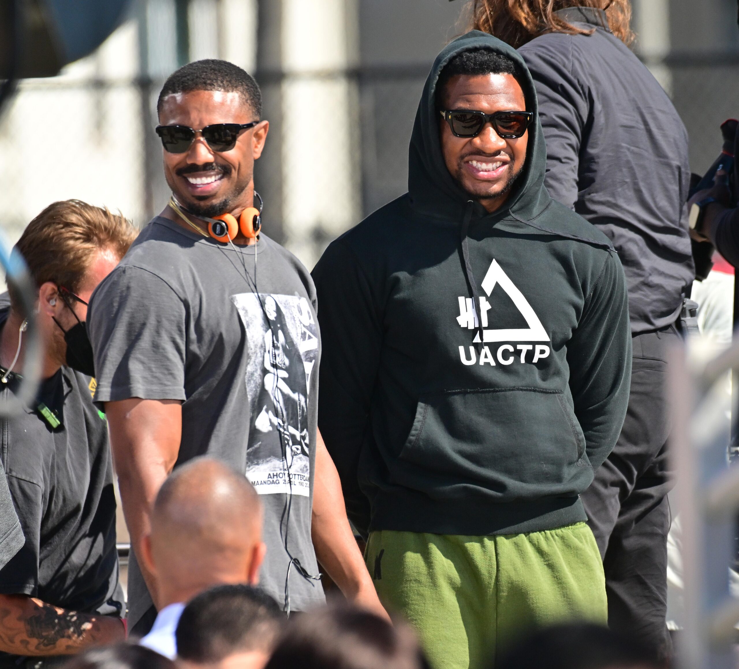 Michael B Jordan is all smiles as he directs quot Creed III quot directing a shirtless Jonathan Majors