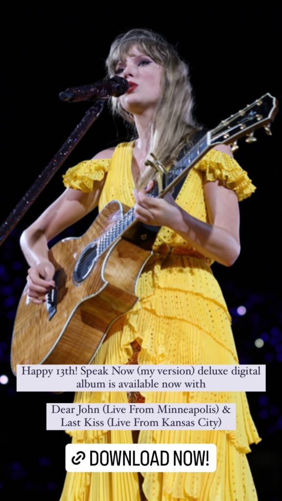 Taylor Swift's IG story announcing new live Speak Now songs