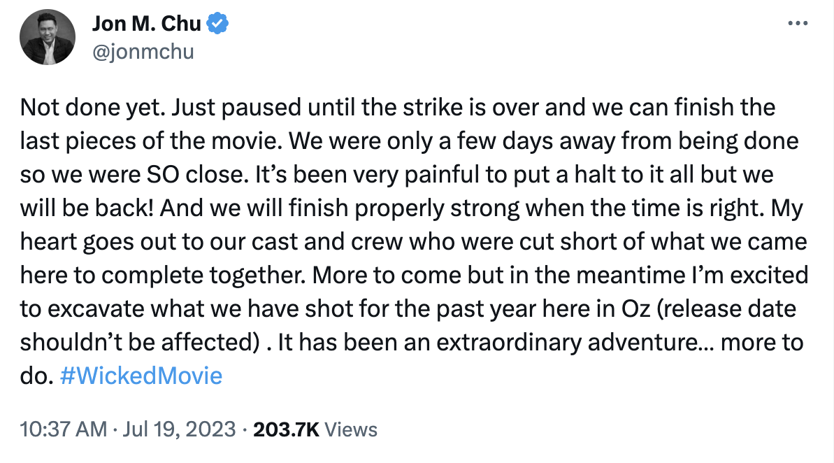 Jon M. Chu Announces 'Painful' Pause To 'Wicked: Part One'