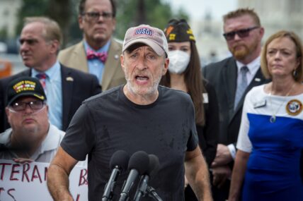 Veterans rights activist Jon Stewart offers remarks during a press conference after a Senate procedural vote to advance legislation aimed at helping millions of veterans exposed to toxic burn pits failed, outside of the US Capitol in Washington, DC, Thursday, July 28, 2022. The legislation aimed at helping millions of veterans exposed to toxic burn pits, failed in a surprise move that the Senate Veterans' Affairs chairman warned could cost veterans' lives.