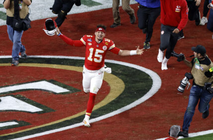 Patrick Mahomes (15) celebrates after he throws the game winning touchdown during NFL Super Bowl 58 LVIII