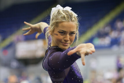 March 8, 2024: LSU's Olivia Dunne competes on the floor during the Purple and Gold Podium Challenge woman's gymnastics quad meet at the Raising Canes River Center in Baton Rouge, LA. Jonathan Mailhes/CSM (Credit Image: © Jonathan Mailhes/Cal Sport Media) Newscom/(Mega Agency TagID: csmphotothree239124.jpg) [Photo via Mega Agency]