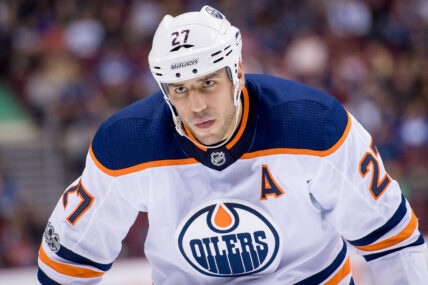 Milan Lucic waits for the face-off during NHL game between the Edmonton Oilers and the Vancouver Canucks at Rogers Arena in Vancouver, Canada.