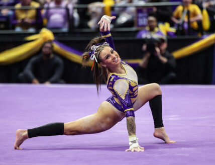 January 19, 2024: LSU's KJ Johnson competes on the floor exercise during the NCAA woman's gymnastics meet between the Kentucky Wildcats and the LSU Tigers at the Pete Maravich Assembly Center in Baton Rouge, LA. Kyle Okita/CSM (Credit Image: © Kyle Okita/Cal Sport Media) Newscom/(Mega Agency TagID: csmphotothree224603.jpg) [Photo via Mega Agency]