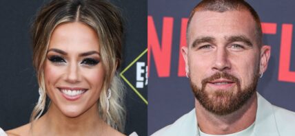 Jana Kramer (left) and Travis Kelce (right) are seen smiling on red carpet