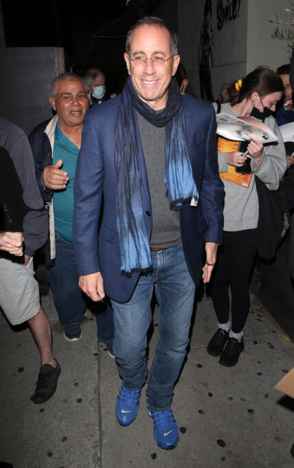 Jerry Seinfeld is in good spirits leaving dinner at Craig's Restaurant