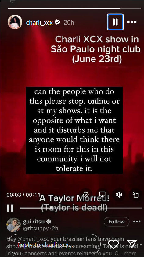 Screenshot of Charli XCX telling fans to stop chanting "Taylor Swift is dead" at her shows.