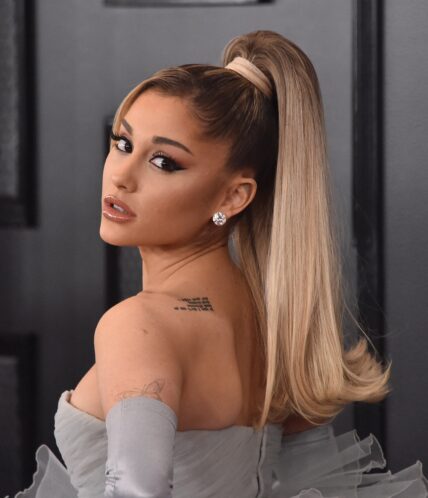 Ariana Grande in grey puffy dress