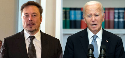 A collage of Twitter owner Elon Musk and President Joe Biden speaking