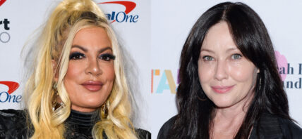 A collage of Tori Spelling and Shannen Doherty possing on the red carpet