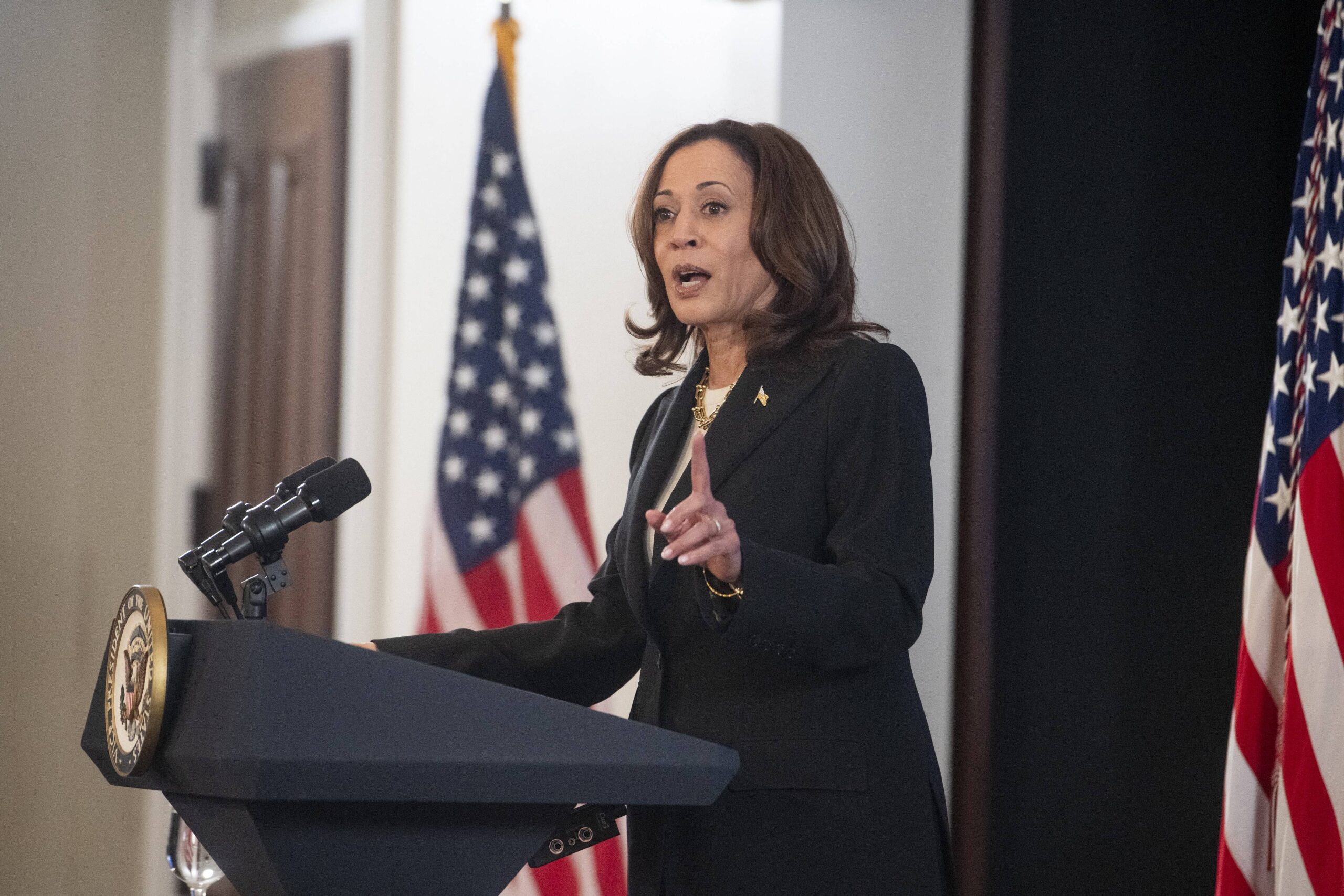 United States Vice President Kamala Harris delivers remarks on conflict-related sexual violence at the White House.