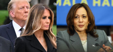 Photo collage of Donald Trump with his wife, Melania Trump, and vice President Kamala Harris