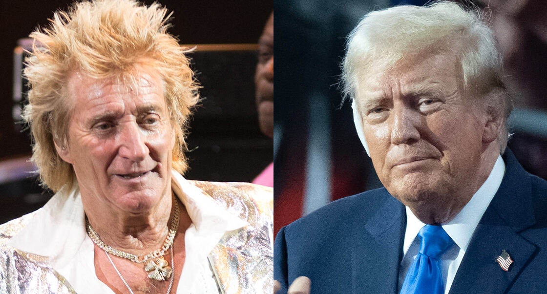 A photo collage of Rod Stewart and Donald Trump