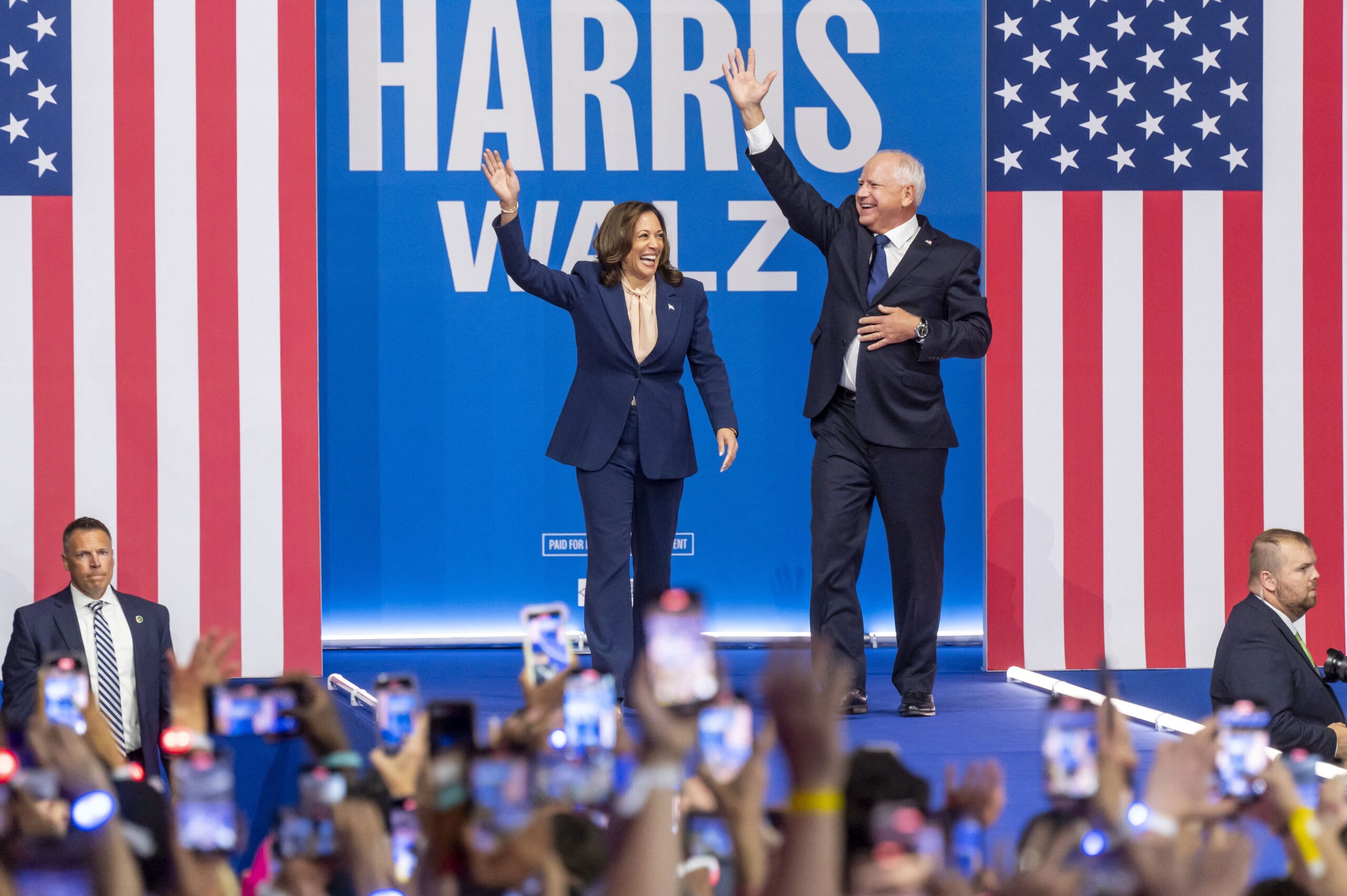 Tim Walz and Kamala Harris at Democratic Presidential candidate event